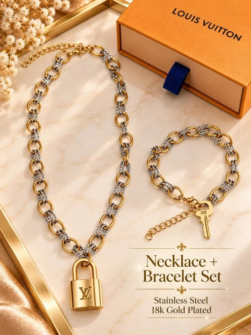 Stainless Steel 18k Gold Plated Necklace+ Bracelet w/Auth Louis Vuitton Padlock